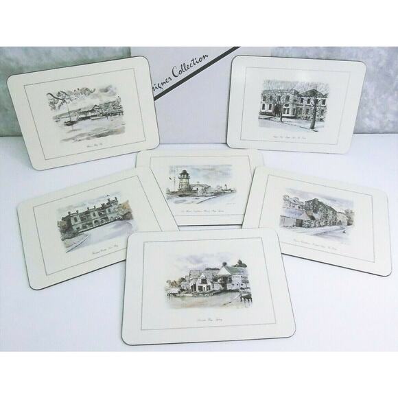 Jason Hard Placemats Set 6 Bay Rocks Lighthouse Sydney Castles Cork Back Box Vtg - Picture 8 of 9